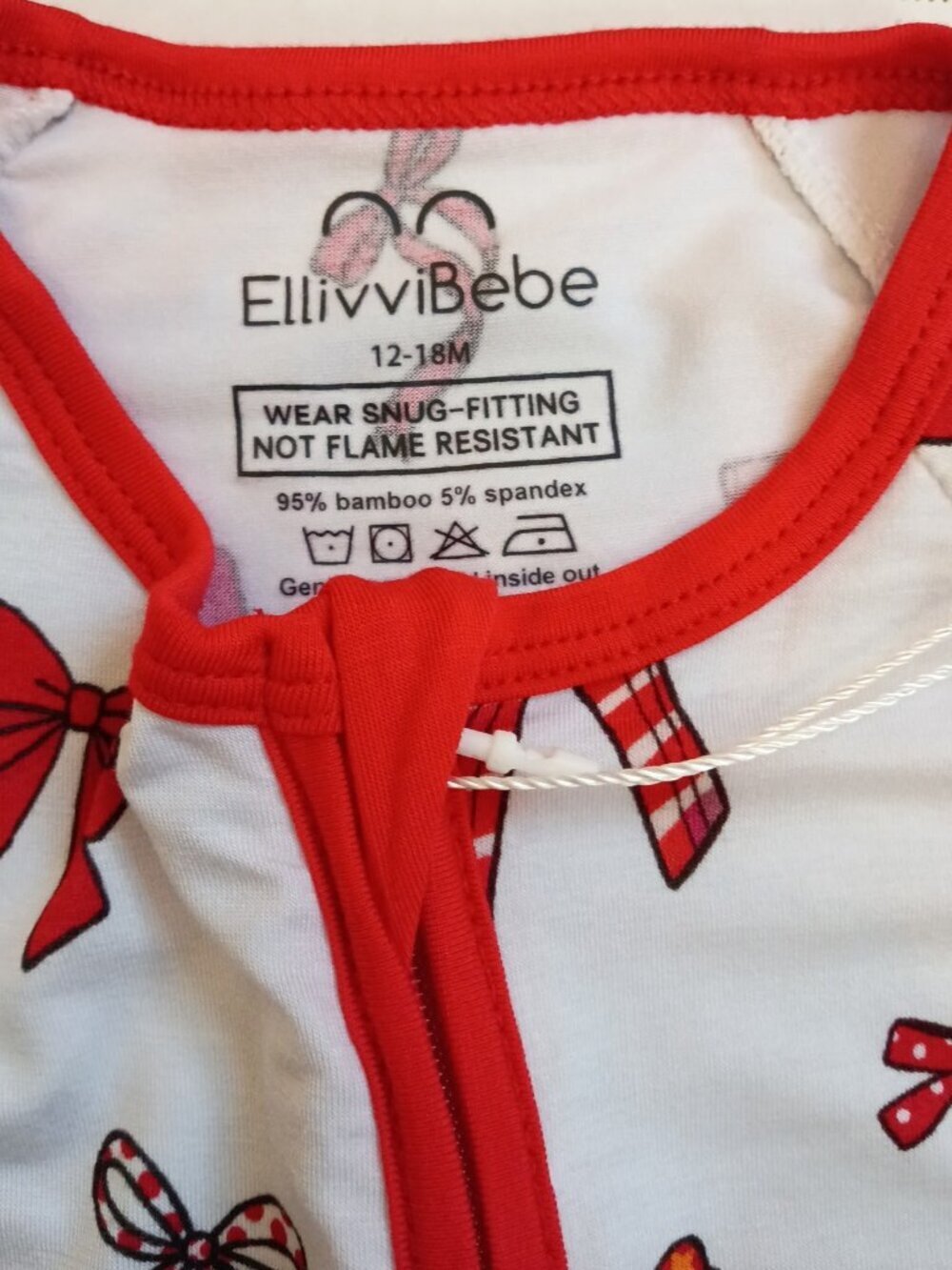 Red Bow Bamboo Zippy Pajamas 12-18M Baby NWT Soft Stretchy Cozy Romper - Picture 4 of 5